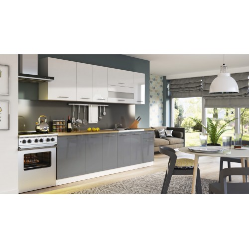 Virtuves komplekts TIFFANY 260, pelēks glancēts/balts glancēts